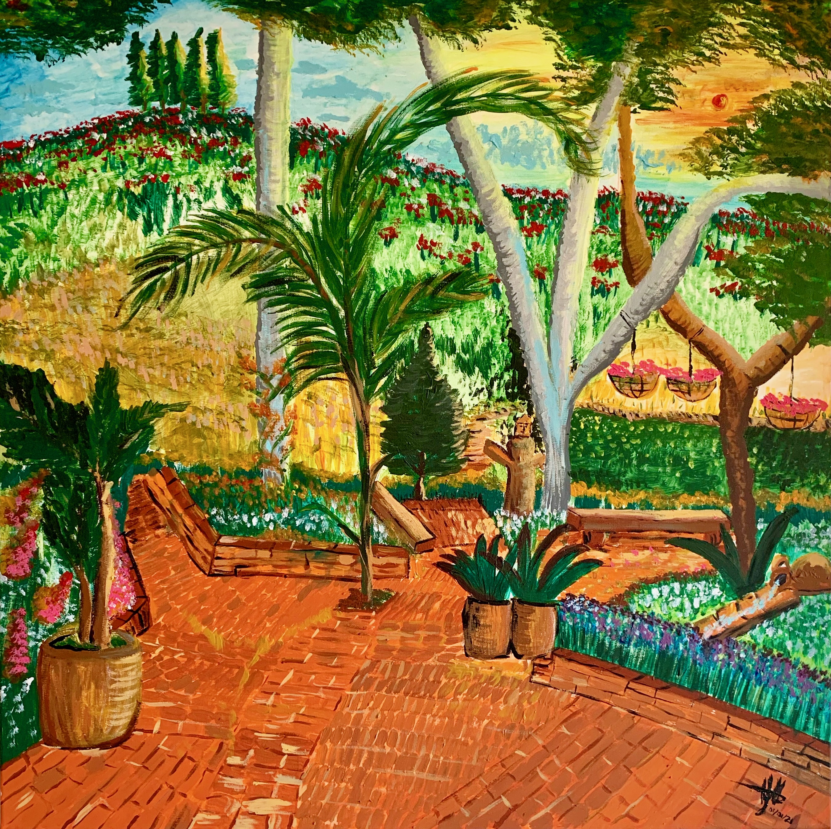 Cuadro en acrílico, predominan los colores tierra, ocres y verdes. Muestra el patio de una finca, con vista a las montañas, en el oriente antioqueño, Colombia