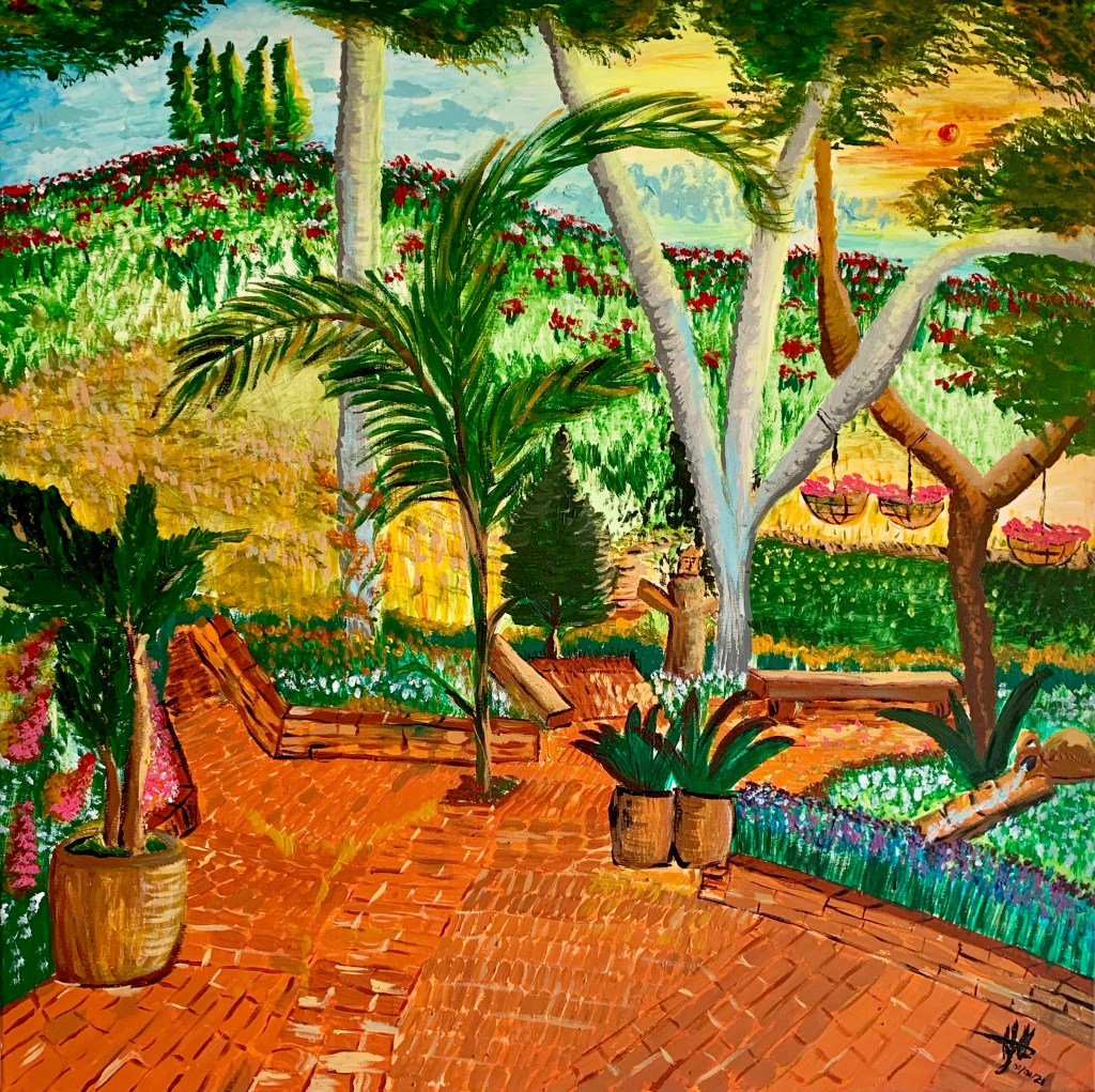 Cuadro en acrílico, predominan los colores tierra, ocres y verdes. Muestra el patio de una finca, con vista a las montañas, en el oriente antioqueño, Colombia