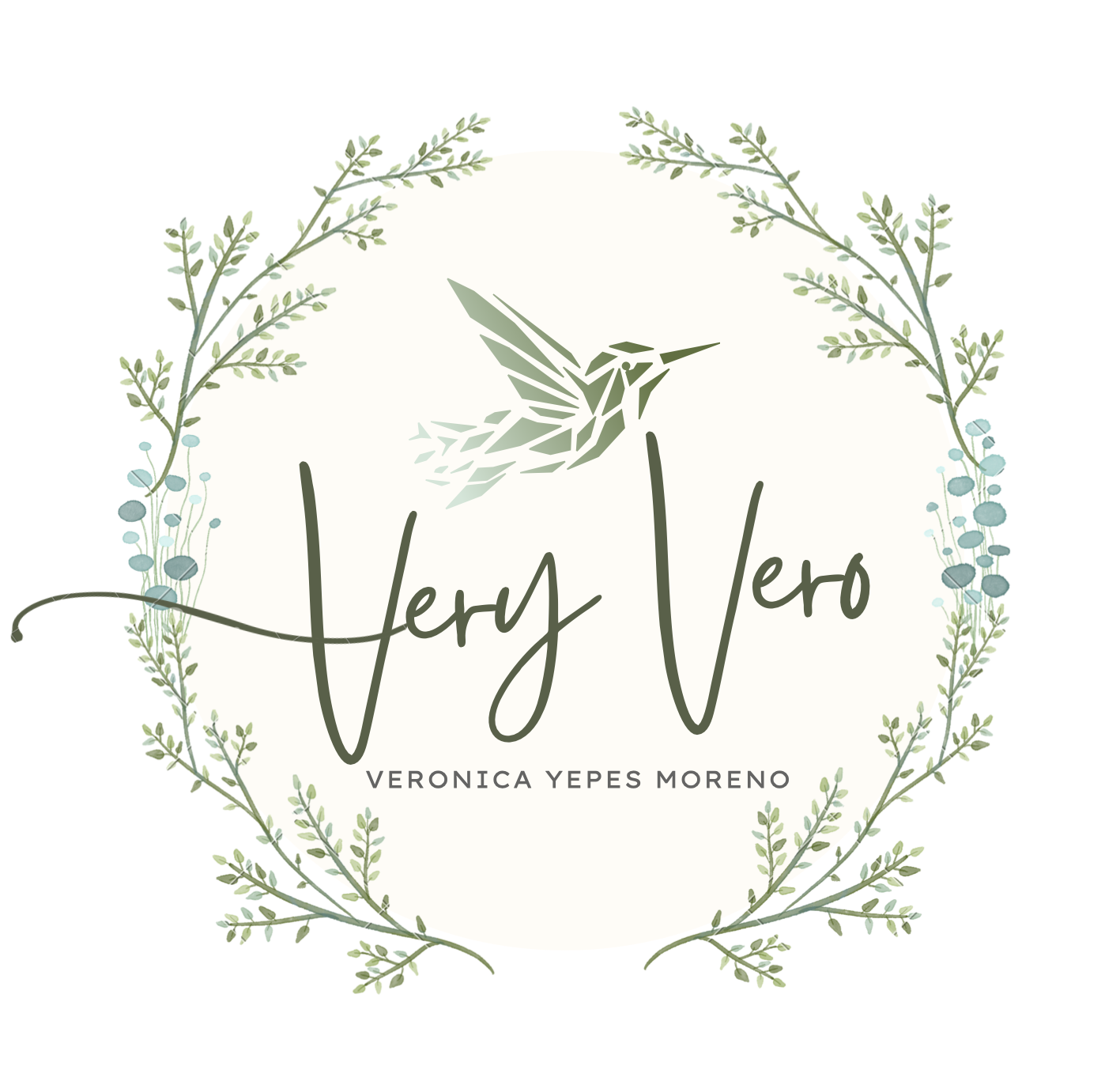 Logo de marca personal Very Vero, de Veronica Yepes Moreno. Colibrí en mosaico, tipografía, fondo cezrema y nturaaa