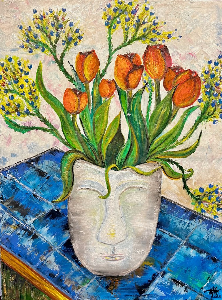 Flores en la Cabeza, Óleo sobre Lienzo 60x46cm
